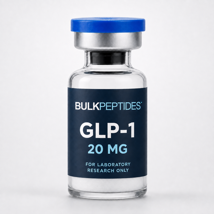 Bulk Peptides GLP-1 20 mg laboratory research vial label illustration